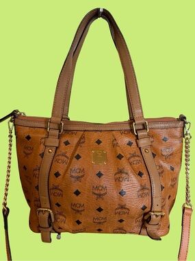Authentic MCM Cognac Logo Visetos Shoulder Bag with Gold Hardware